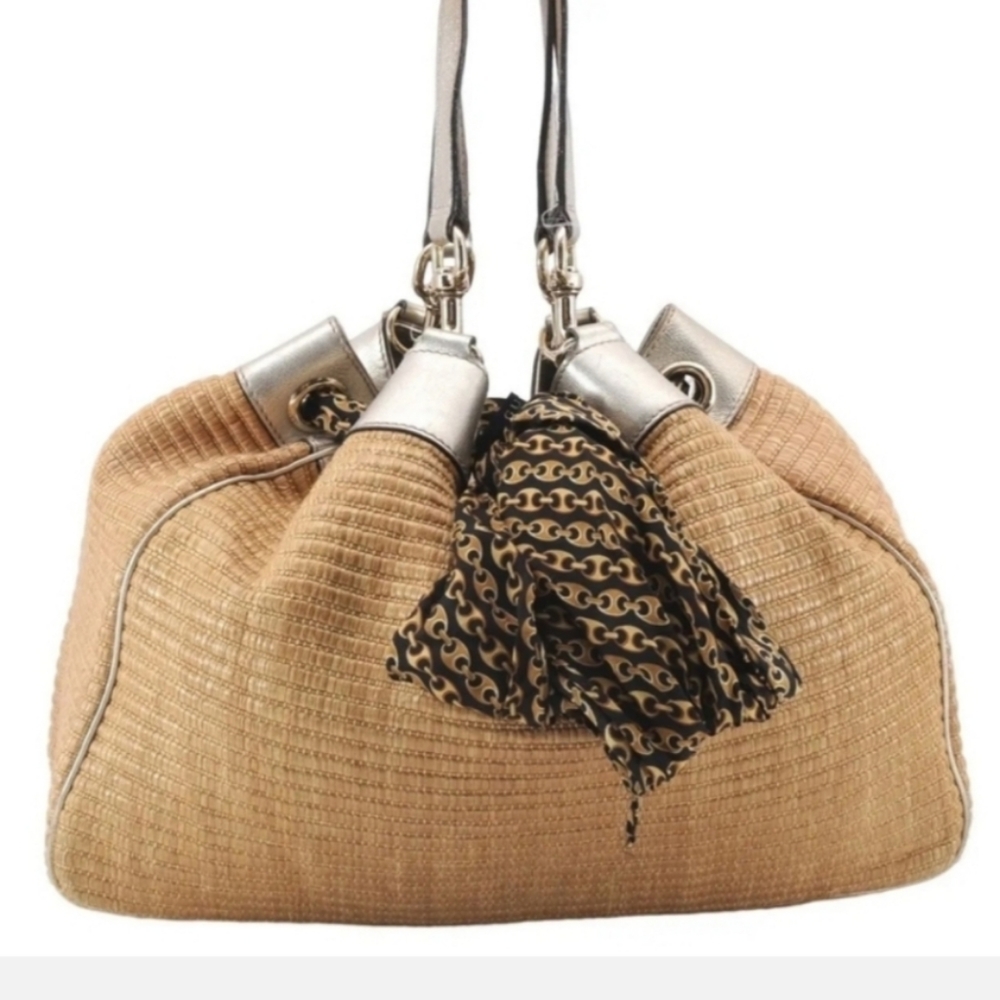 Auth GUCCI Beige Positano Tote w/scarf detail, Silver Trim, Pre-loved Fair cond